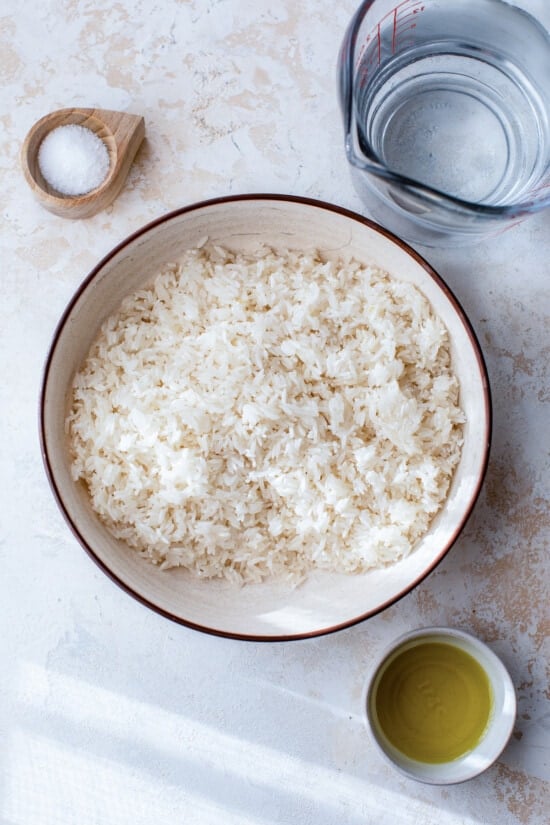 white rice, water and oil