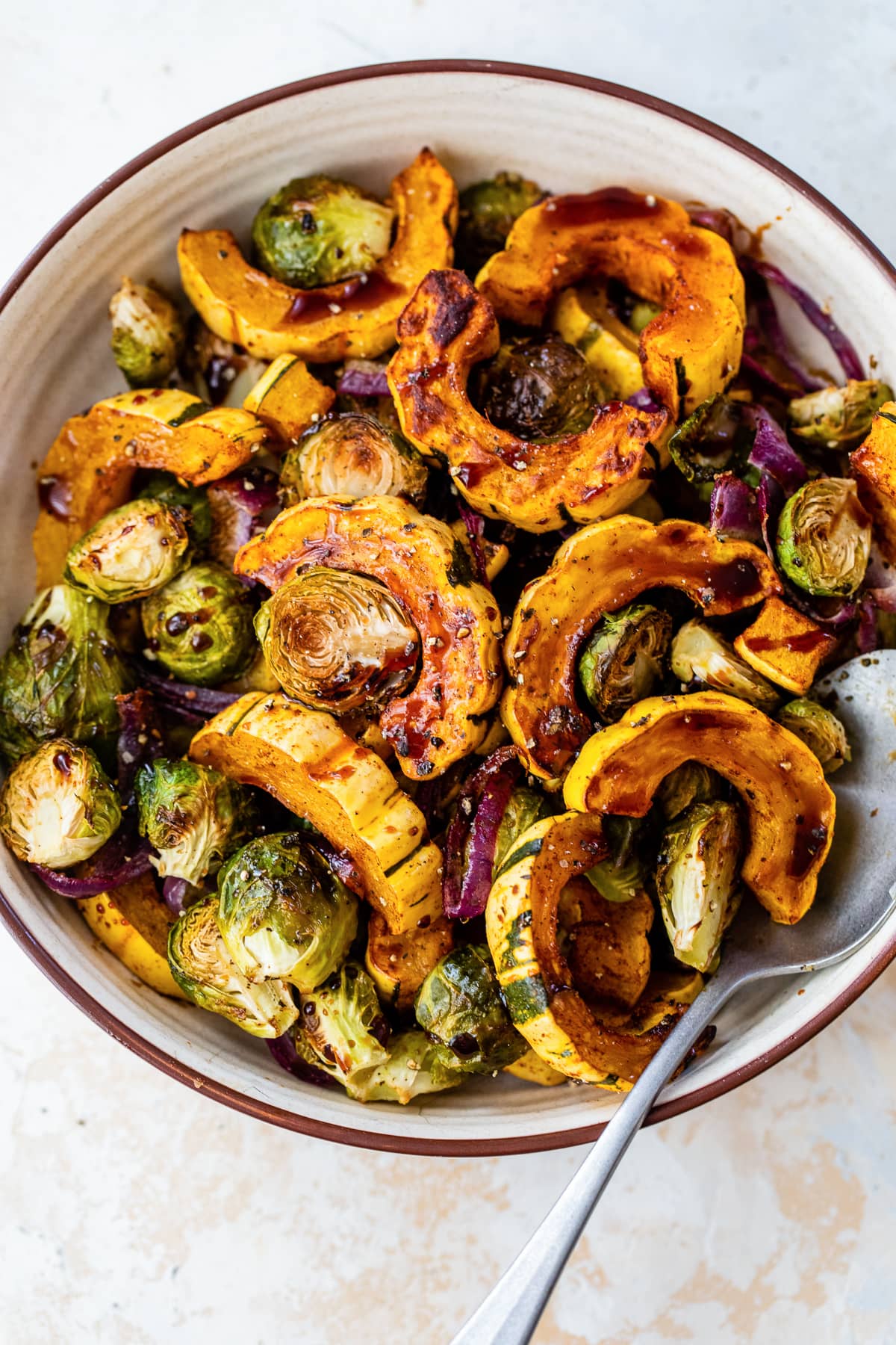 Roasted Delicata Squash and Brussels Sprouts with Balsamic Glaze