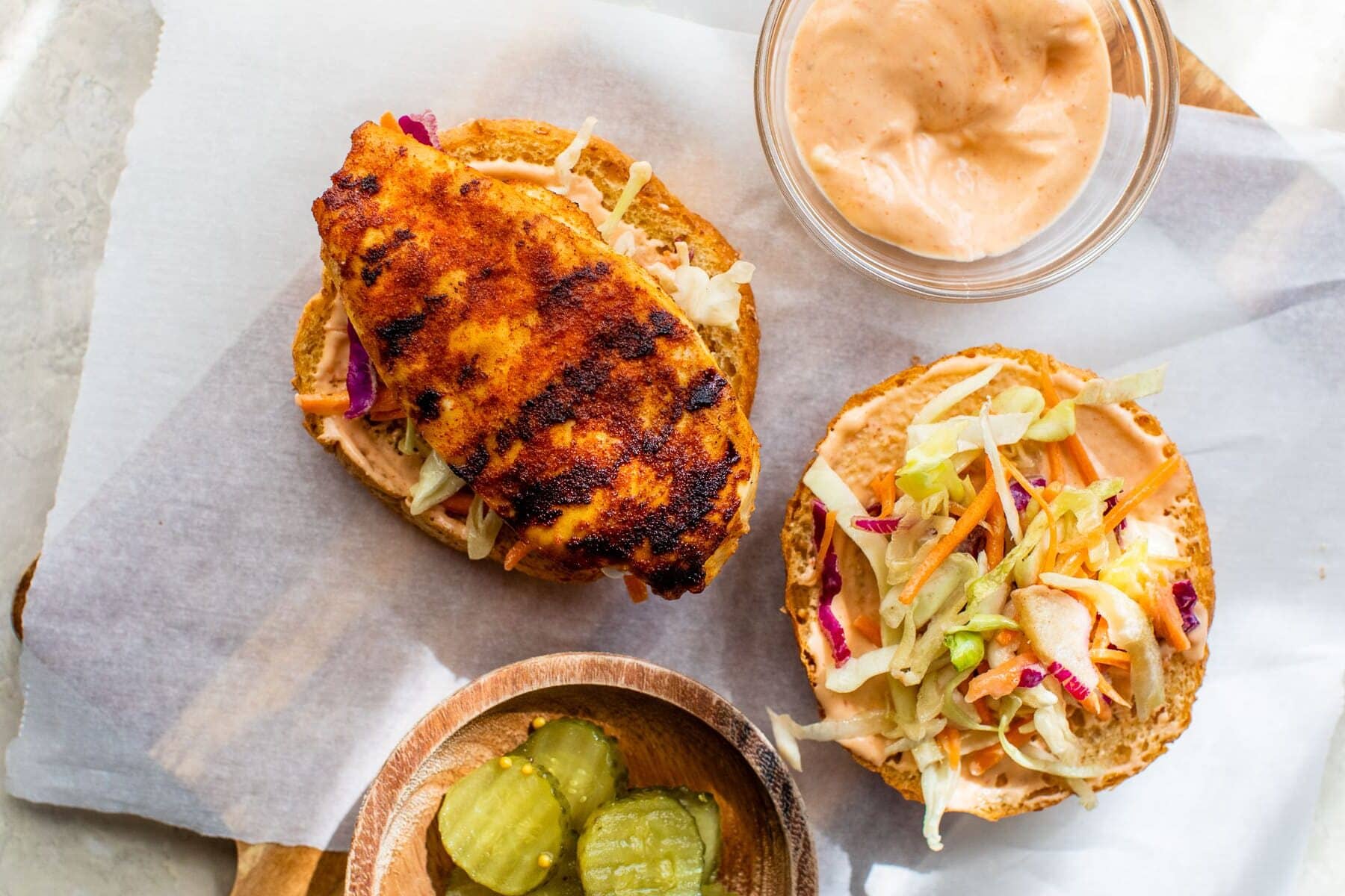 Grilled Chicken Sandwiches with slaw, pickles and spicy mayo
