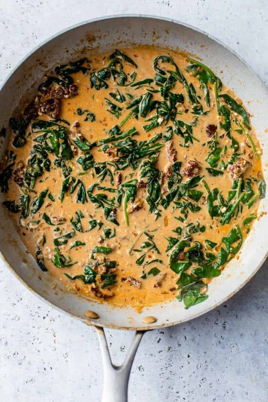 Make sauce with sundried tomatoes and spinach.