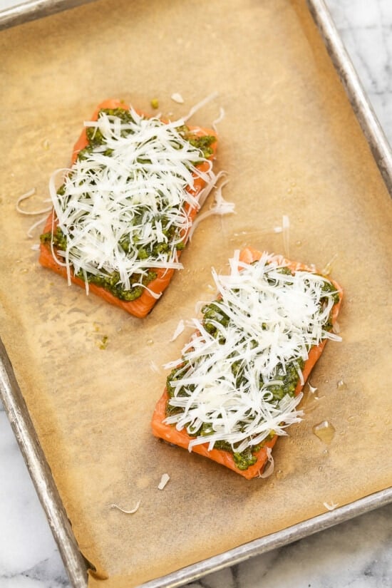 Salmon with pesto and parmesan cheese