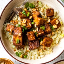 Air Fryer Peanut Curry Tofu with Gingery Cauliflower Rice