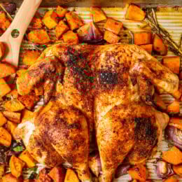 Sheet Pan Spatchcock Chicken with Sweet Potatoes