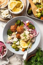 Sheet Pan Mediterranean Meatball Bowls with Roasted Vegetables and Hummus