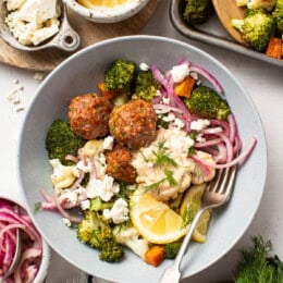 Sheet Pan Mediterranean Meatball Bowls with Roasted Vegetables and Hummus
