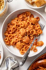 Spaghettios and Meatballs in a bowl