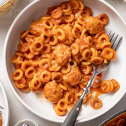 Spaghettios and Meatballs in a bowl