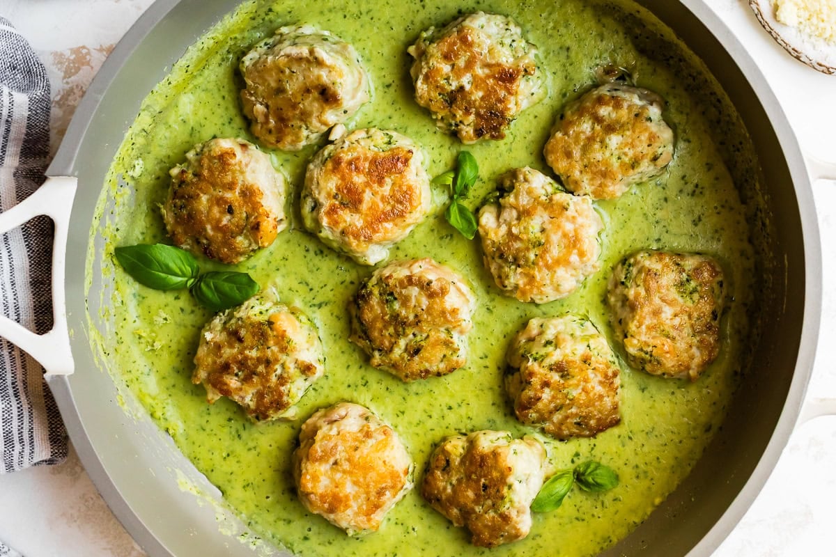 Chicken Meatballs with Pesto White Bean Puree Chicken Meatballs with Pesto White Bean Puree