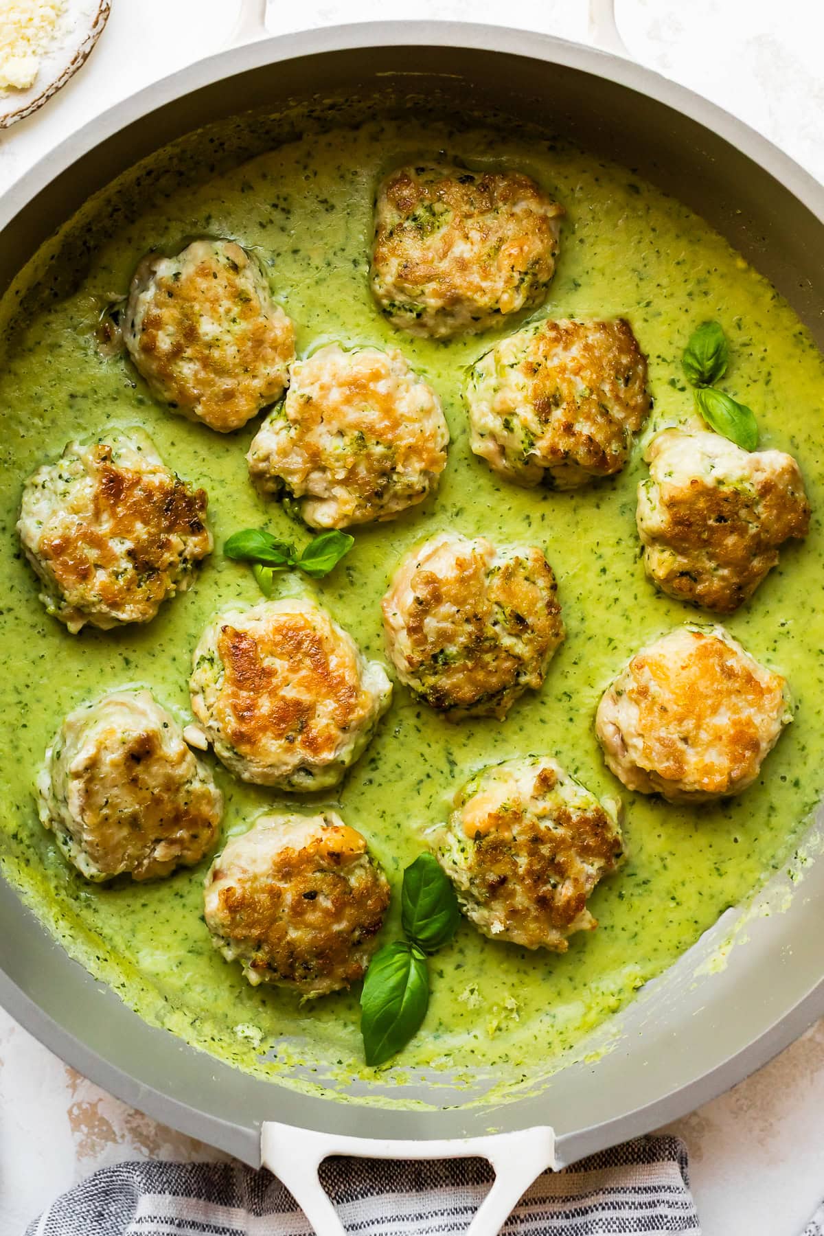 Chicken Meatballs with Creamy Pesto White Bean Puree