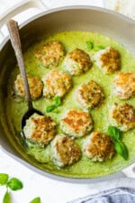 Chicken Meatballs with Creamy Pesto White Bean Puree