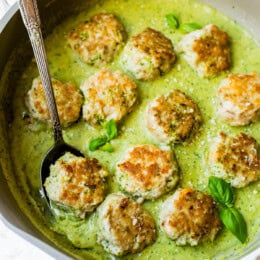 Chicken Meatballs with Creamy Pesto White Bean Puree