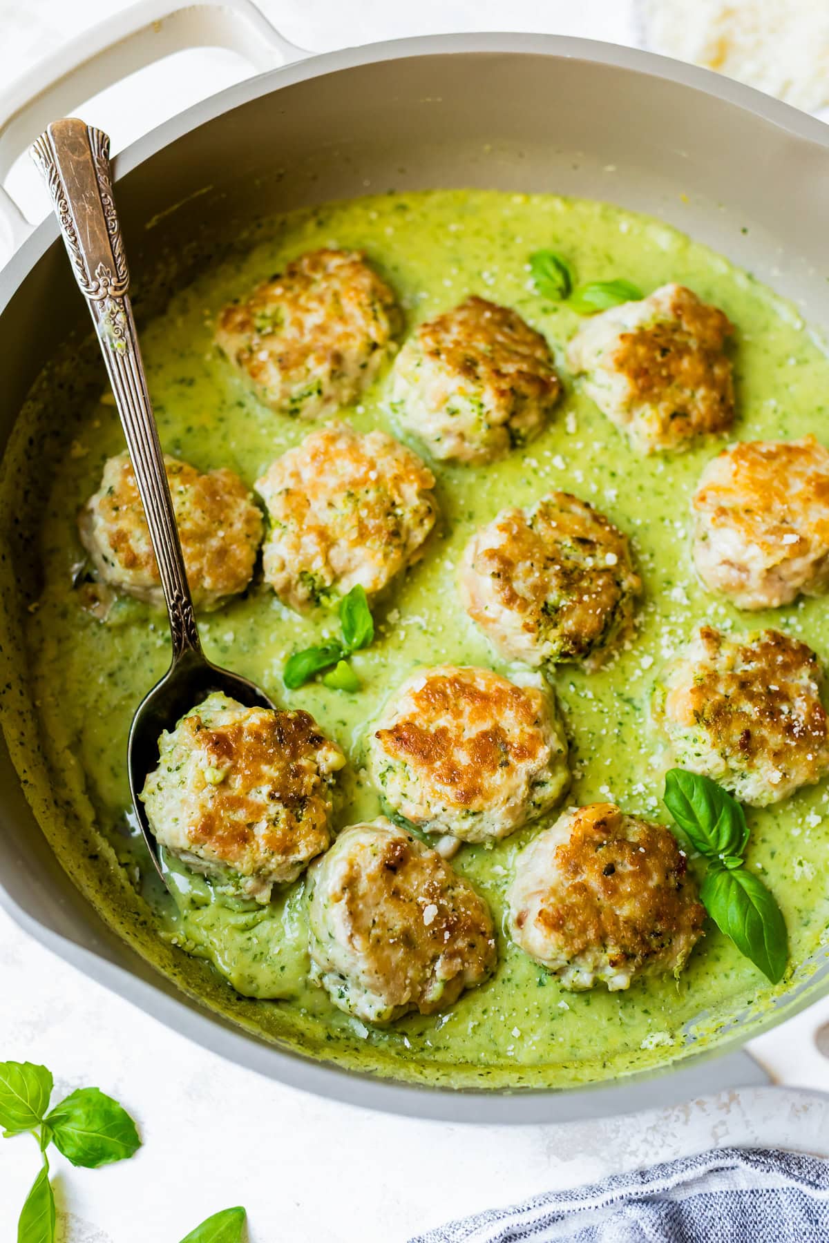 Chicken Meatballs with Lemony Pesto White Bean Puree