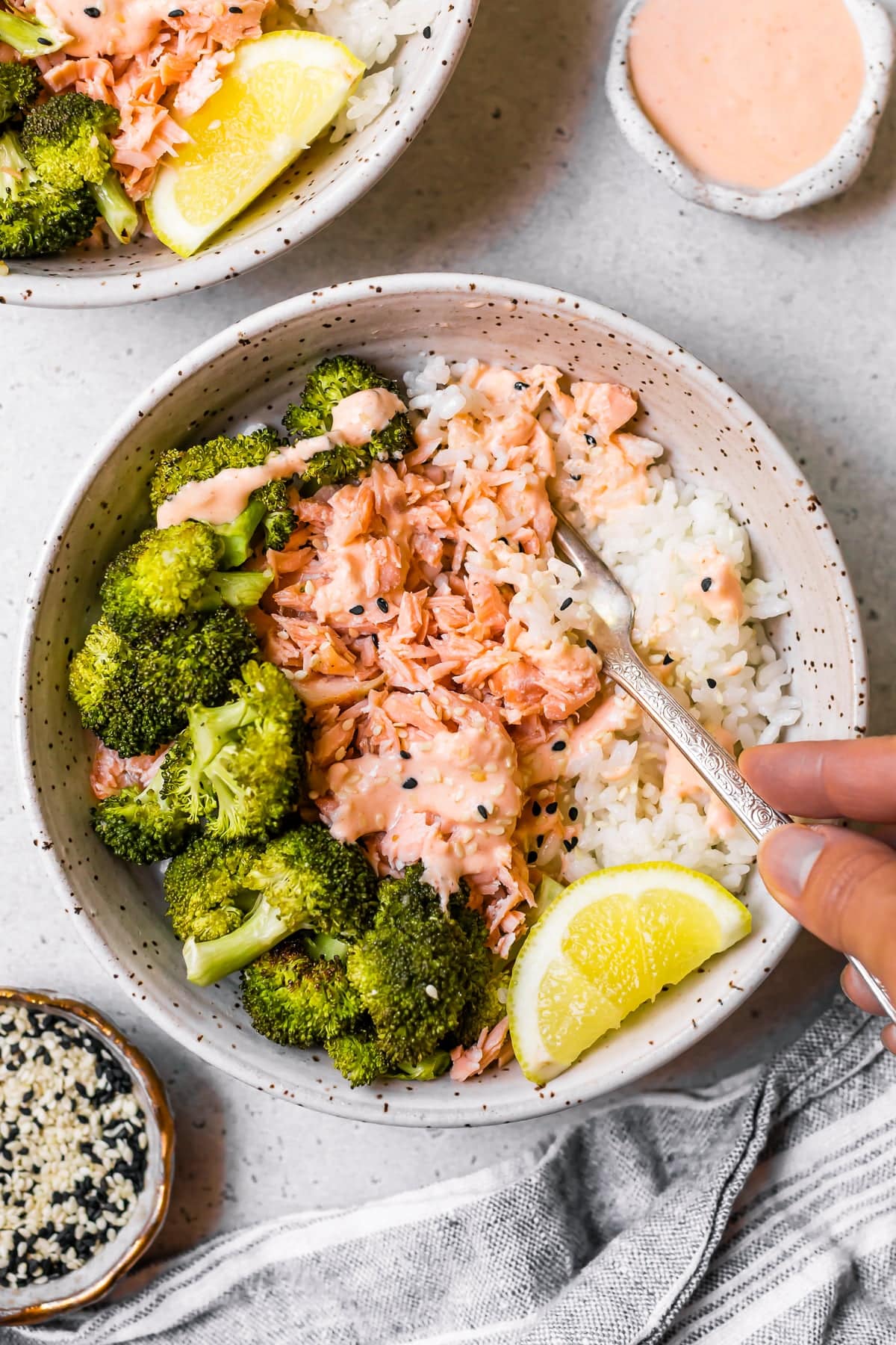 Smashed Salmon Broccoli Rice Bowls
