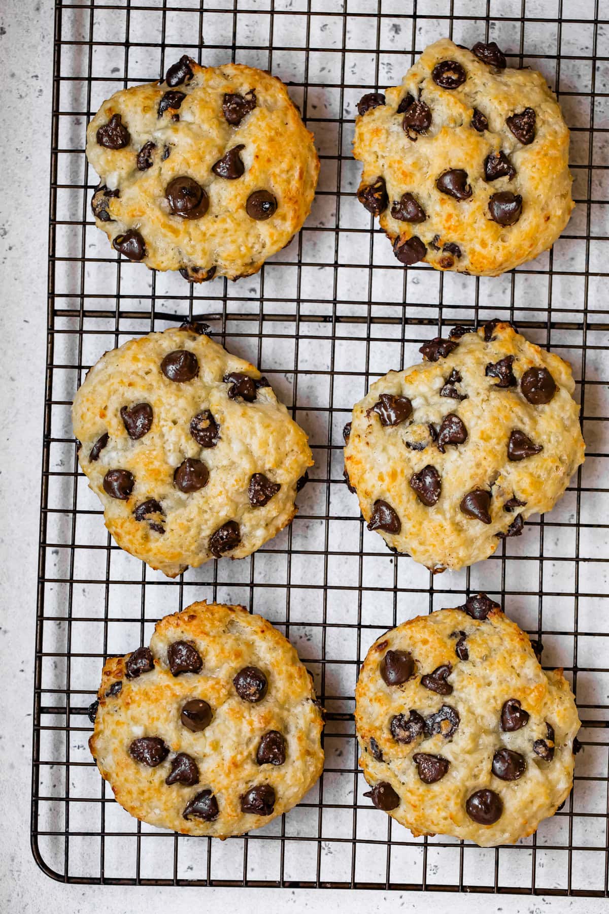 Cottage Cheese Chocolate Chip Cookies on a cooling rack