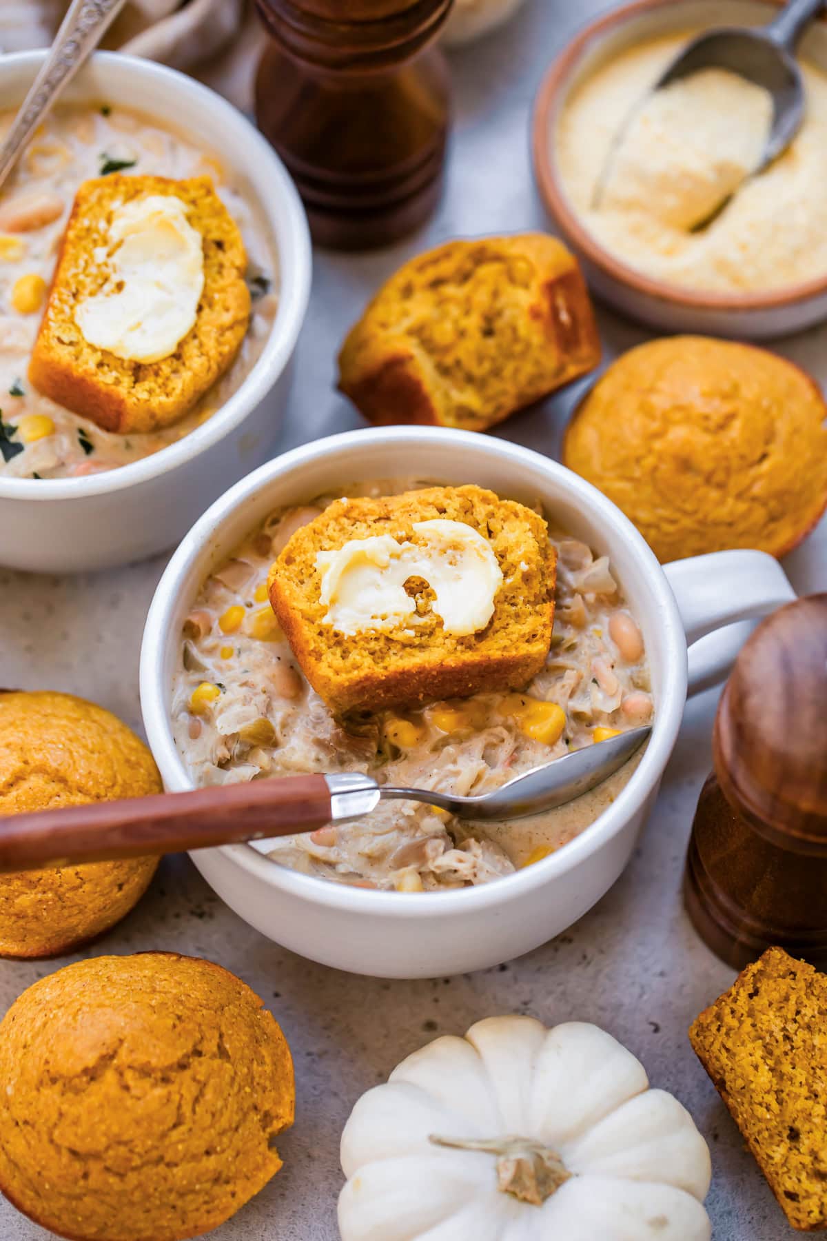 Pumpkin Cornbread Muffins with White Chili